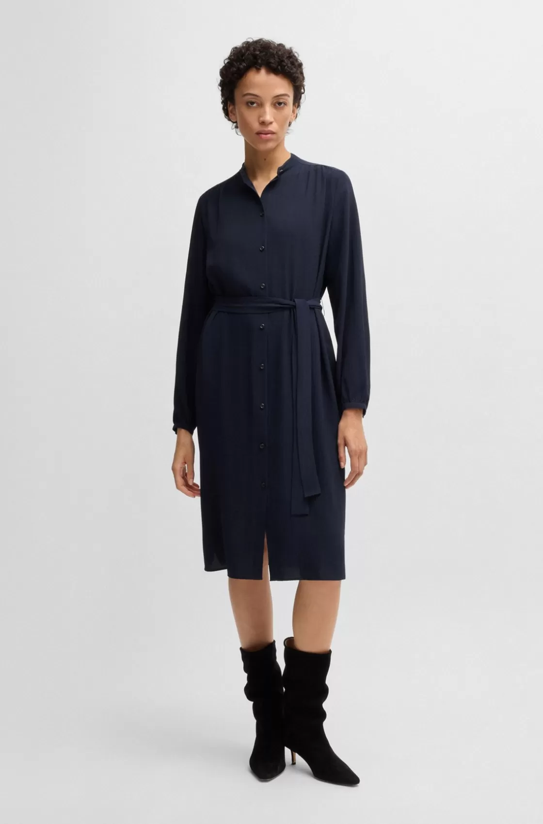 HUGO BOSS Belted Shirt Dress In Crepe Georgette With Stand Collar Dark Blue Cheap