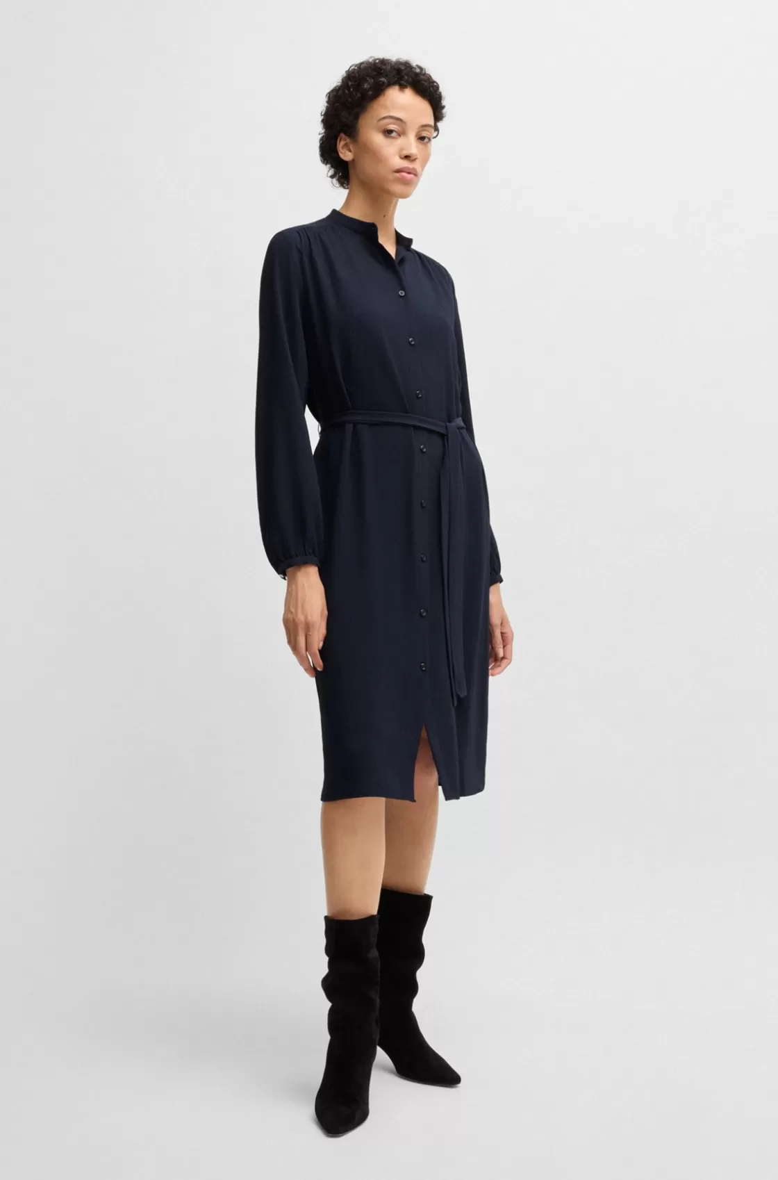 HUGO BOSS Belted Shirt Dress In Crepe Georgette With Stand Collar Dark Blue Cheap