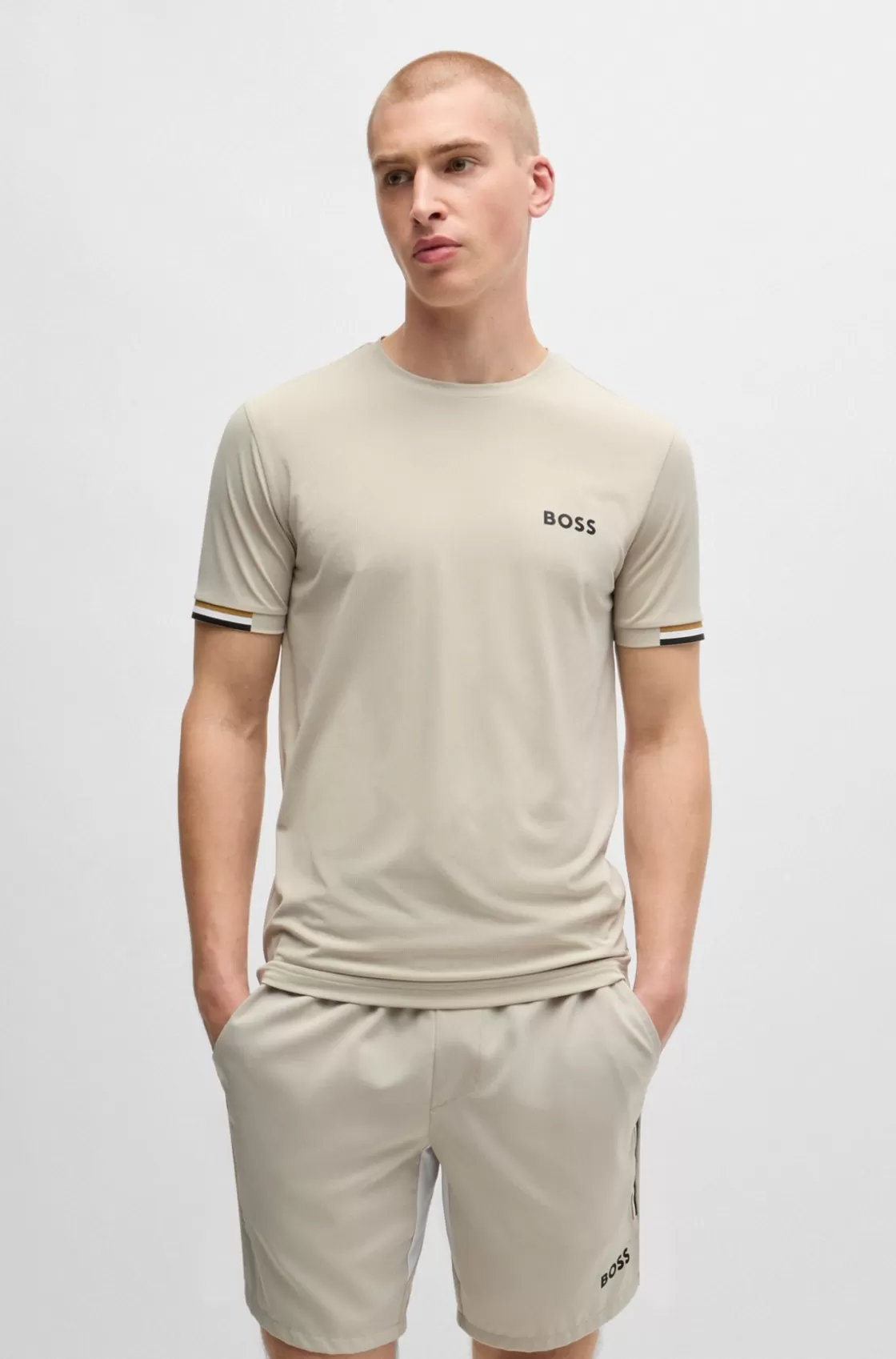 HUGO BOSS BOSS X Matteo Berrettini Waffle-fabric T-shirt With Signature-stripe Artwork Light Beige Best