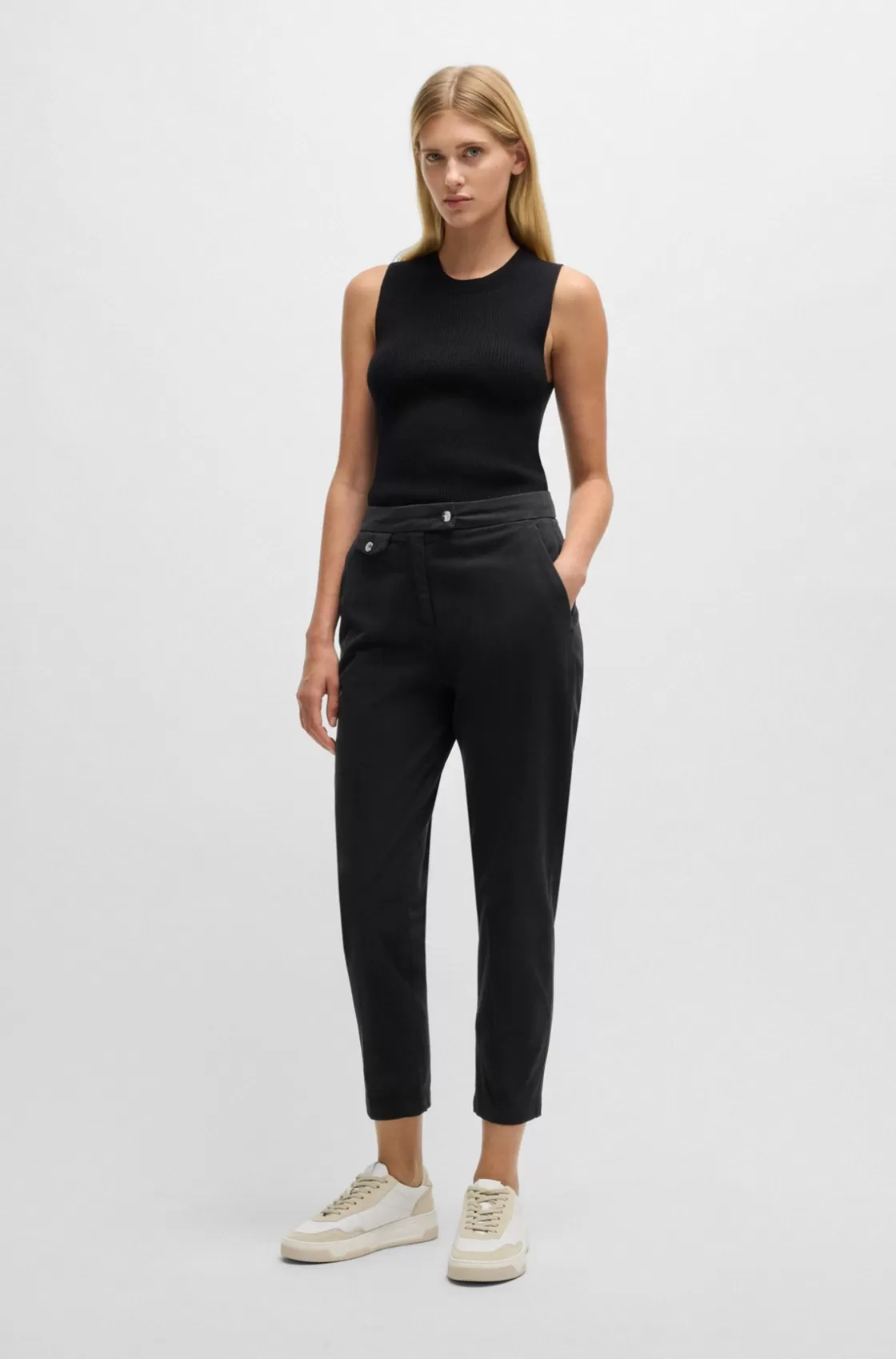HUGO BOSS Casual Trousers In Stretch-cotton Satin Black New