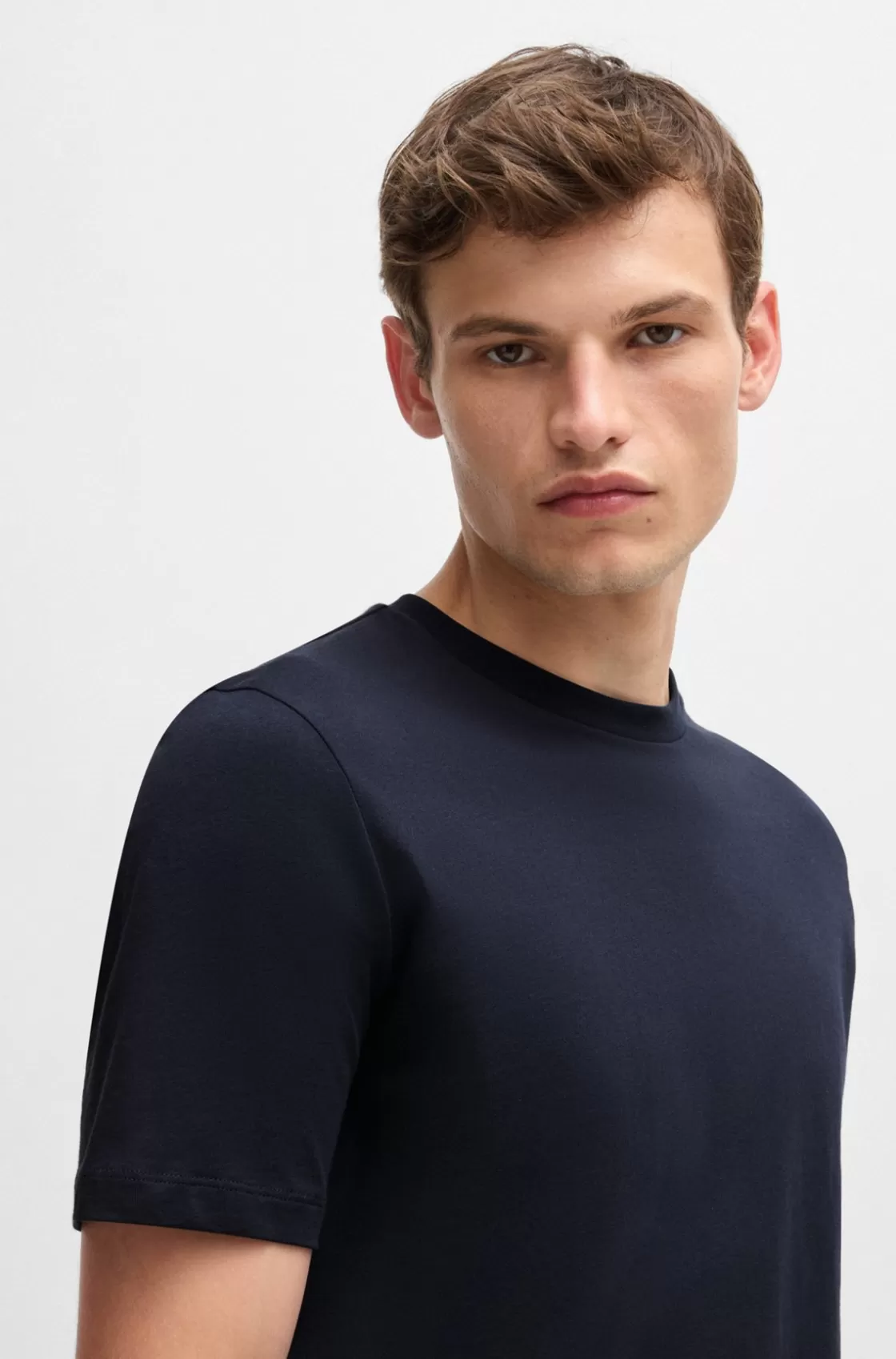 HUGO BOSS Cotton-jersey Regular-fit T-shirt With Ribbed Collar Dark Blue Cheap