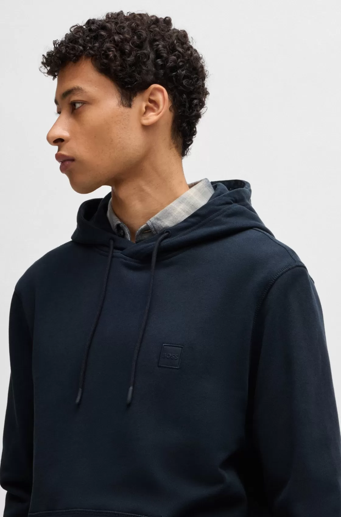 HUGO BOSS Cotton-terry Hoodie With Logo Patch Dark Blue Sale