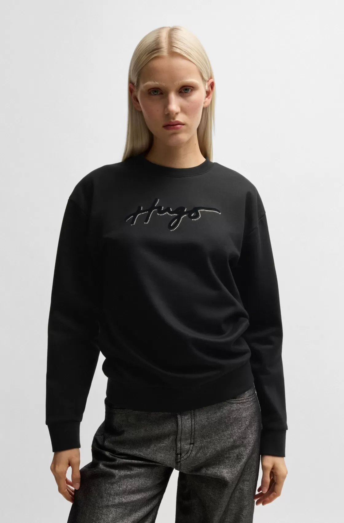 HUGO BOSS Cotton-terry Sweatshirt With Flock Print And Rhinestones Black Best