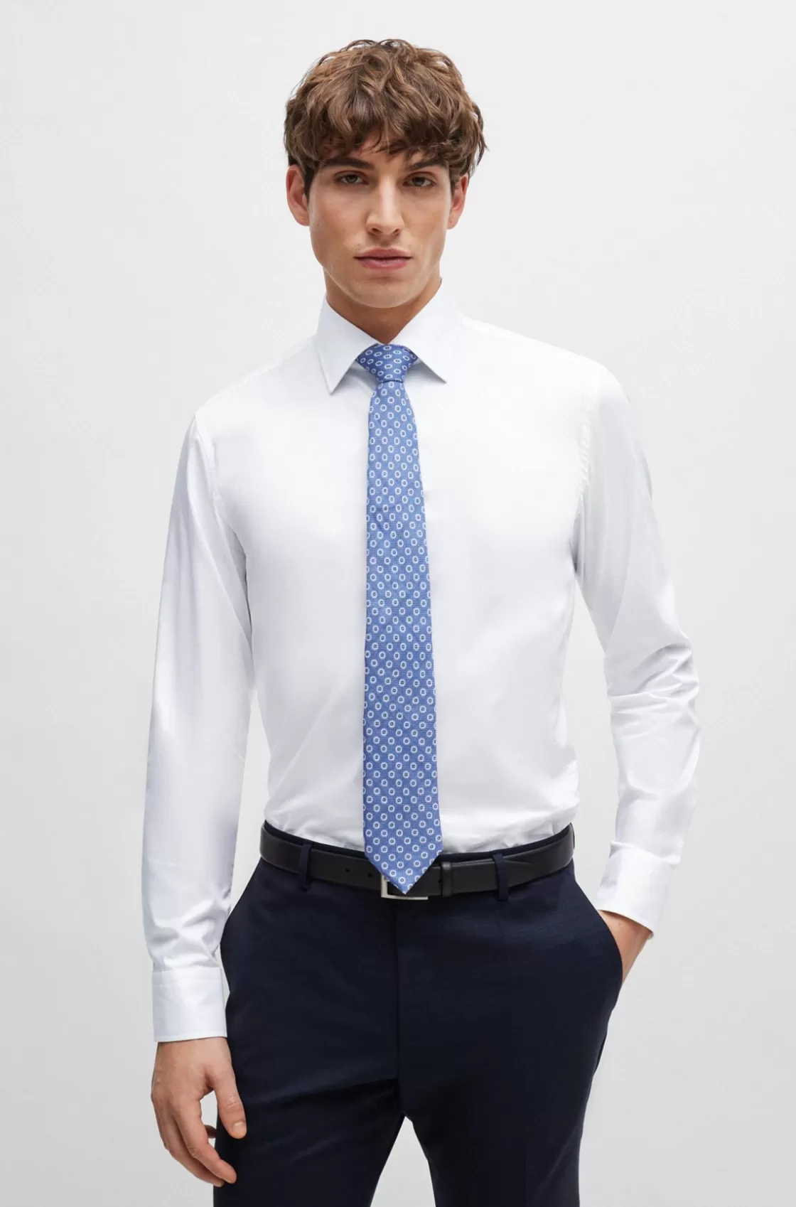 HUGO BOSS Dot-print Tie In Linen And Cotton Blue New