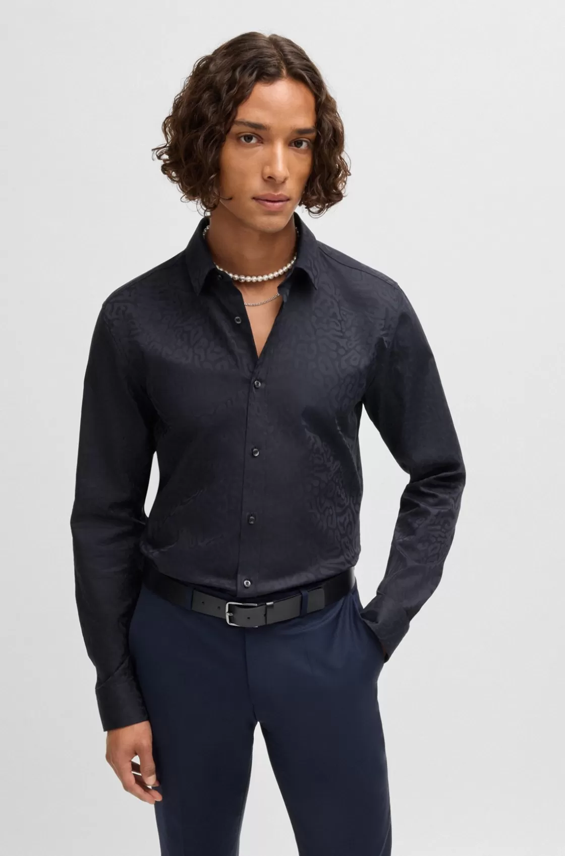 HUGO BOSS Extra-slim-fit Shirt In Animal-pattern Cotton Jacquard Dark Blue Cheap