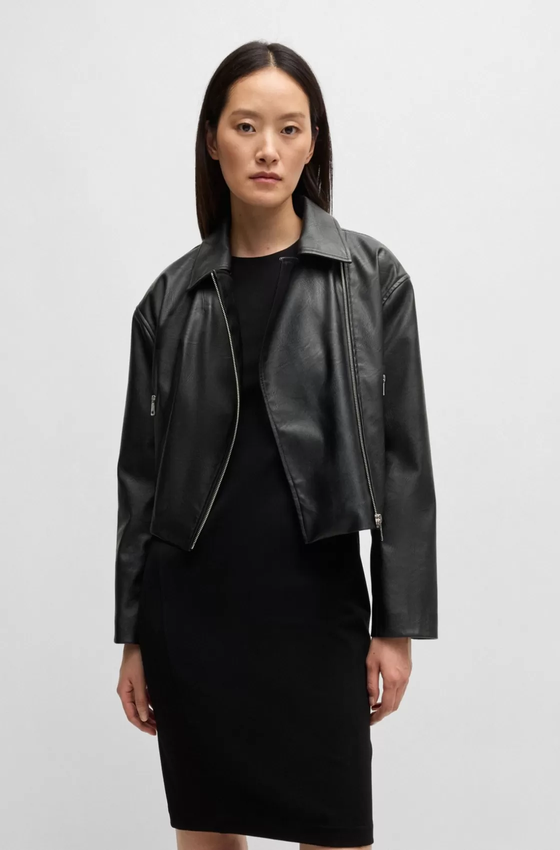 HUGO BOSS Faux-leather Biker-style Jacket With Signature Trims Black Cheap