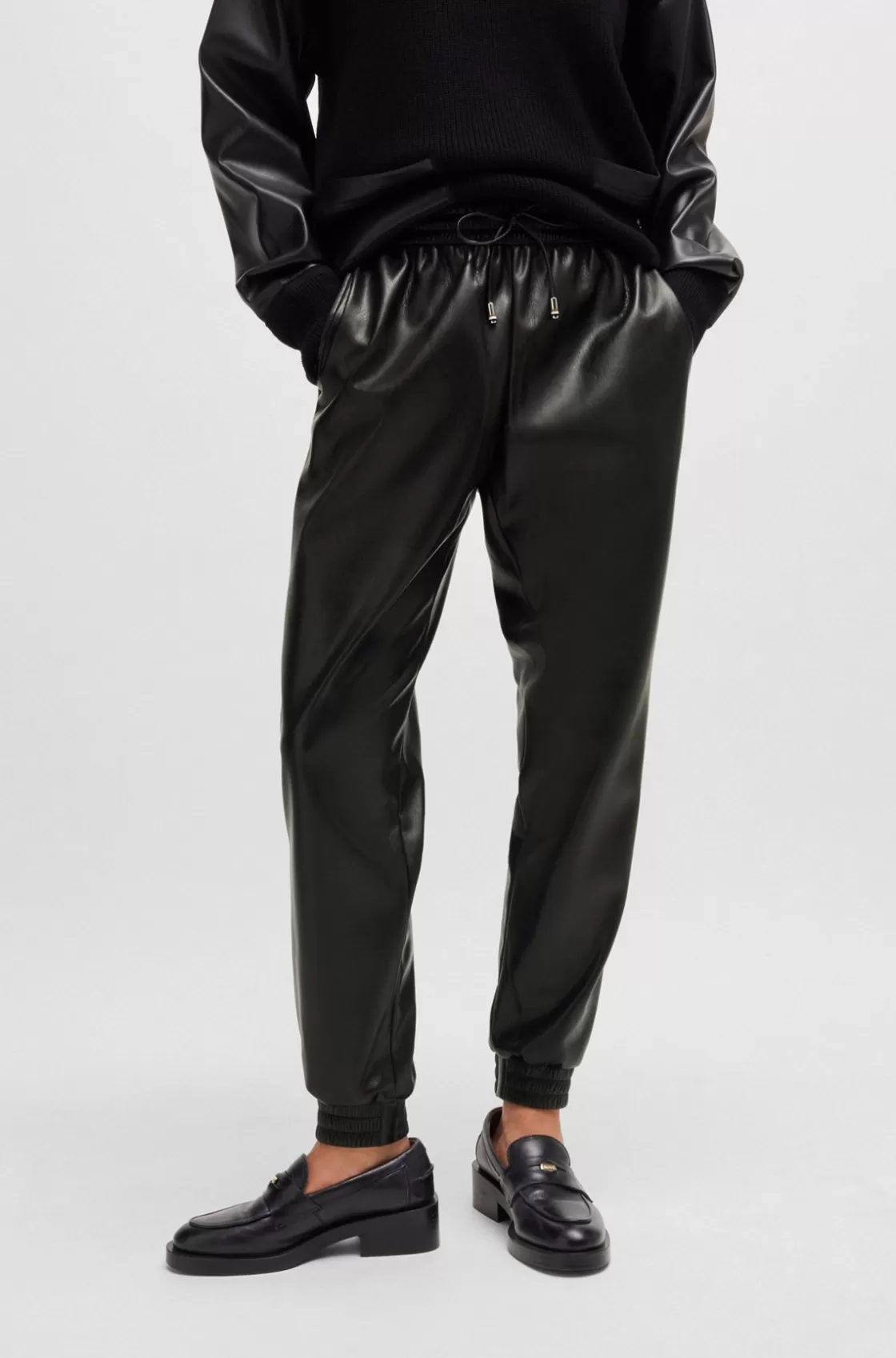 HUGO BOSS Faux-leather Trousers With Drawcord Waist Black Fashion