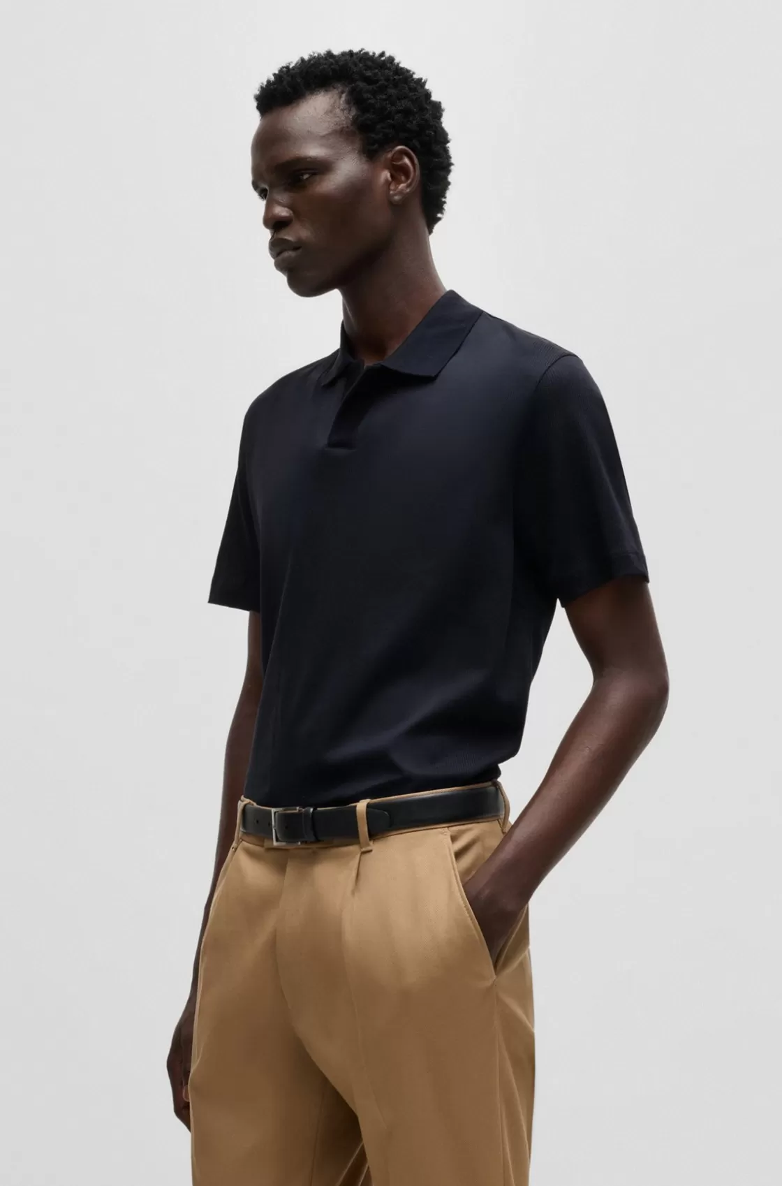 HUGO BOSS Johnny-collar Polo Shirt In Mixed-structure Cotton Dark Blue Best Sale