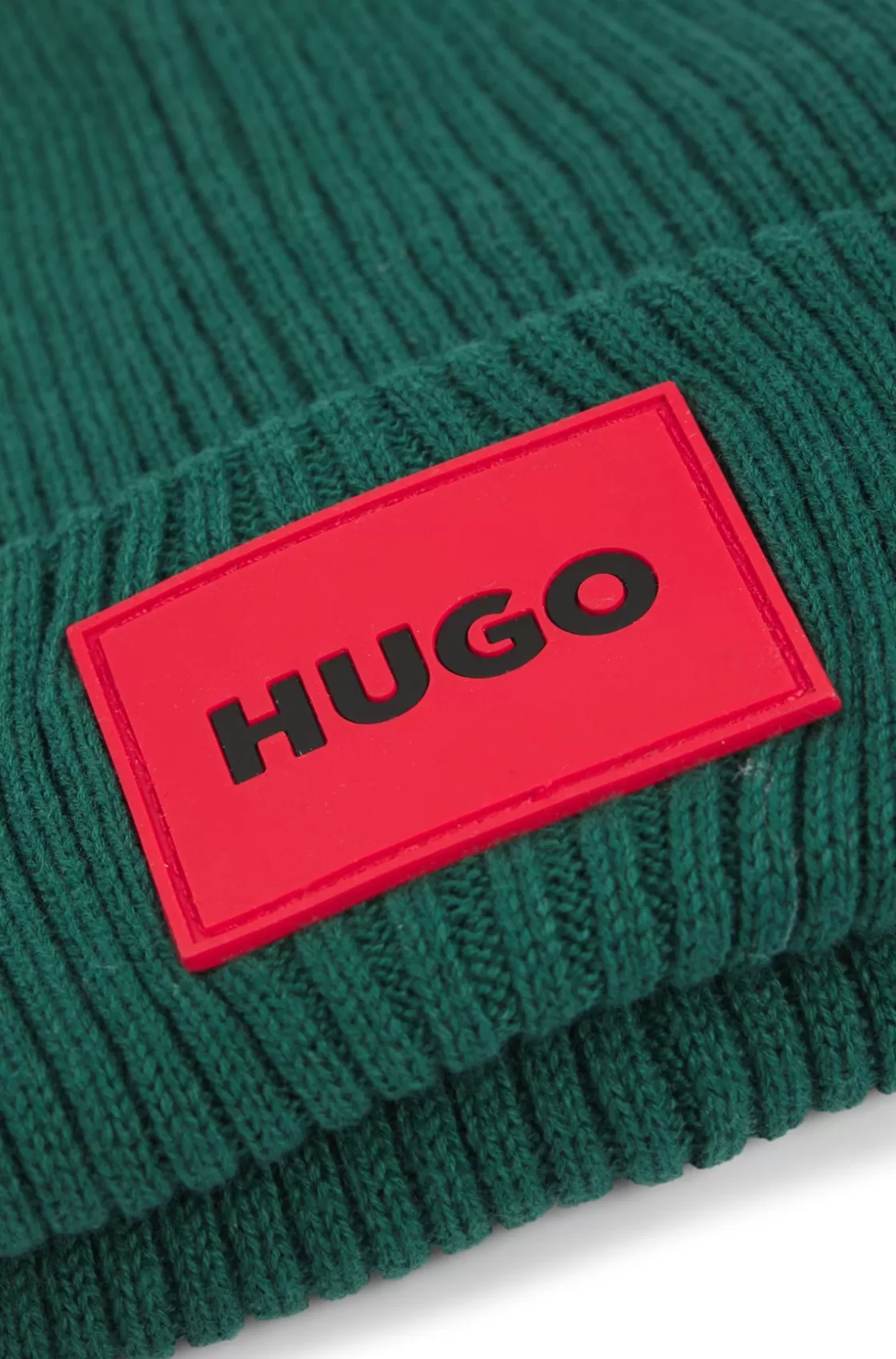 HUGO BOSS Kids' Knitted Beanie Hat With Red Logo Label Green Clearance