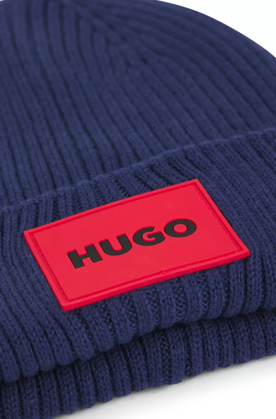 HUGO BOSS Kids' Knitted Beanie Hat With Red Logo Label Dark Blue New