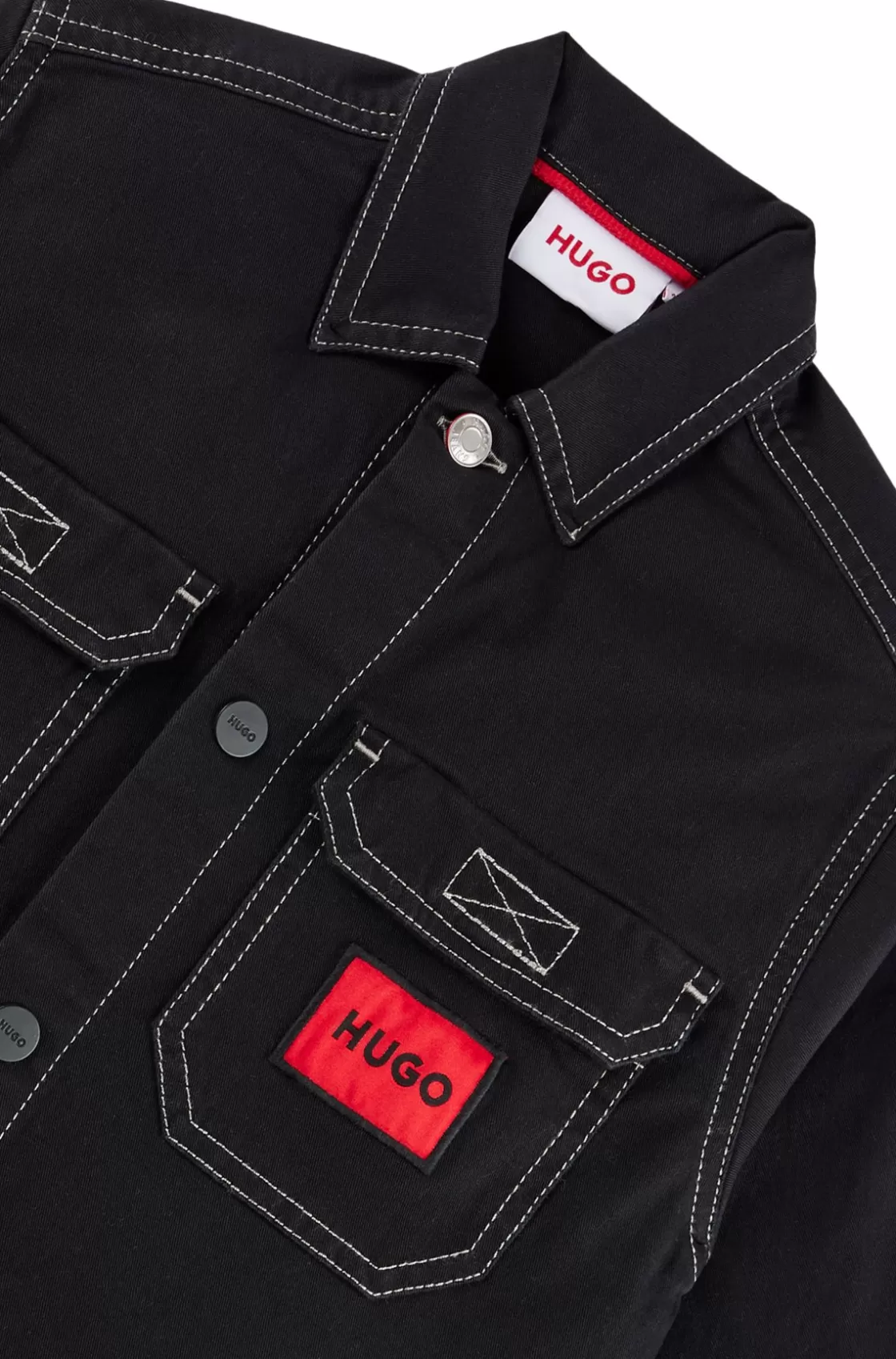 HUGO BOSS Kids' Overshirt In Stretch Cotton With Red Logo Label Black New