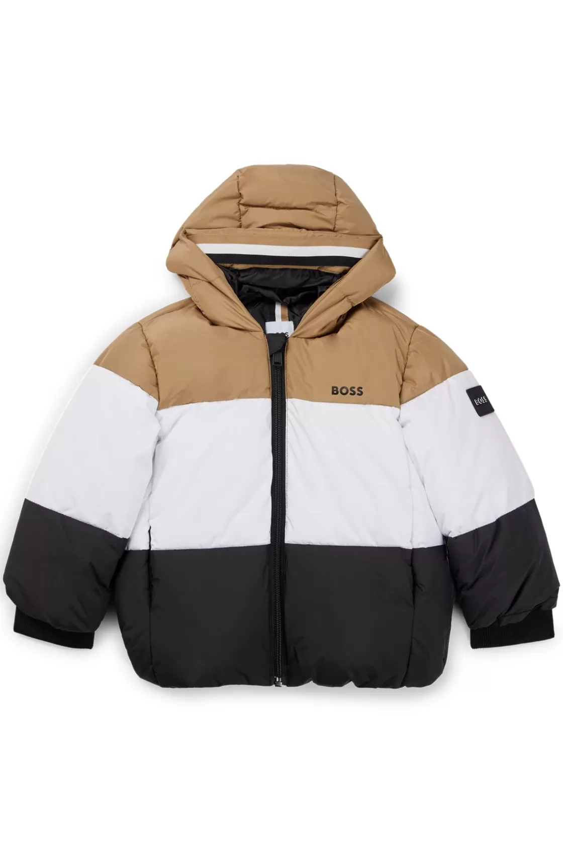 HUGO BOSS Kids' Water-repellent Puffer Jacket With Signature-stripe Colors Black New