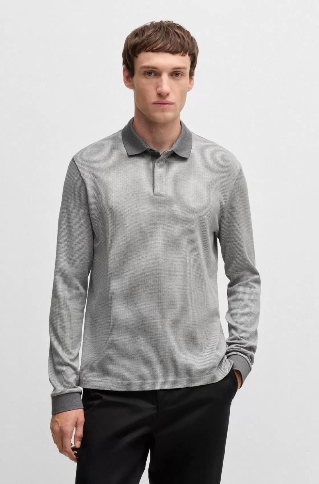 HUGO BOSS Long-sleeved Polo Shirt In Cotton With Concealed Placket Silver Sale
