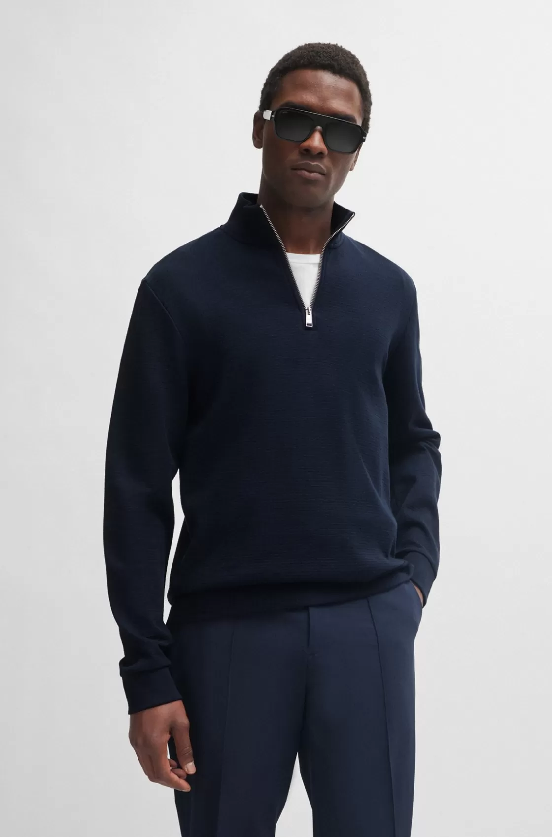HUGO BOSS Long-sleeved Slim-fit Cotton T-shirt With Zip Neck Dark Blue Cheap