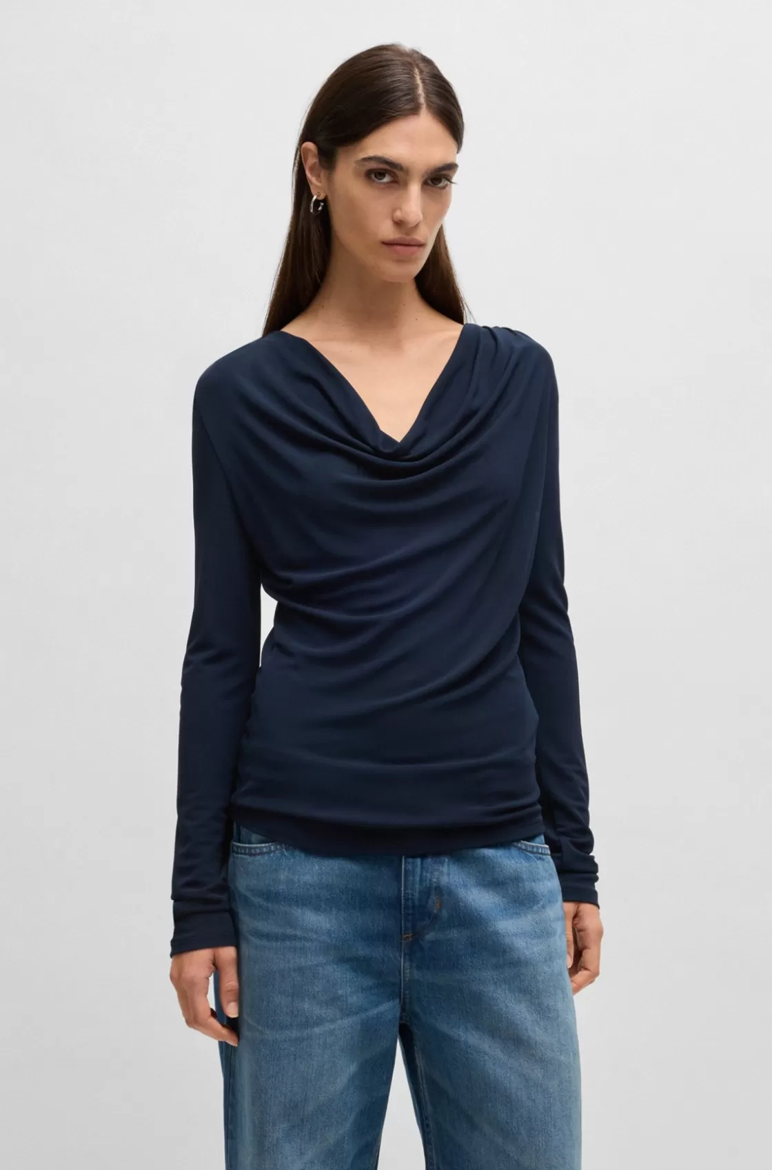 HUGO BOSS Long-sleeved Top In Stretch Crepe With Cowl Neckline Dark Blue Discount