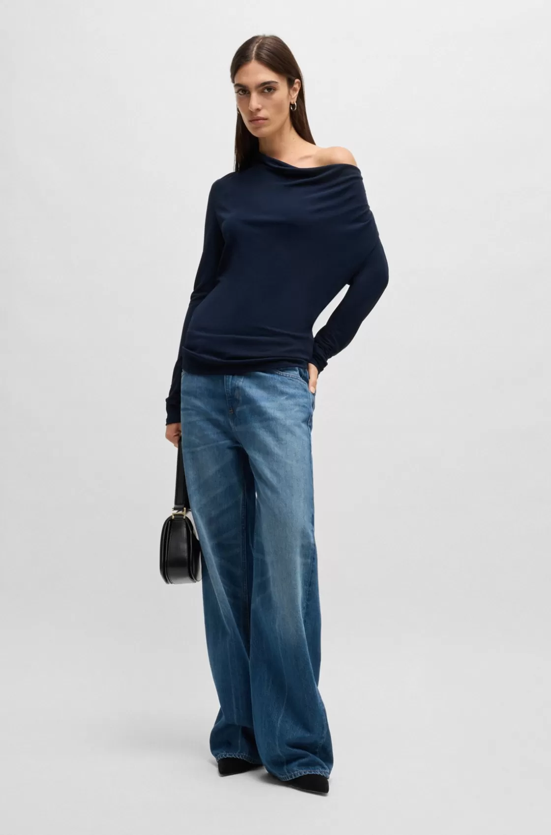 HUGO BOSS Long-sleeved Top In Stretch Crepe With Cowl Neckline Dark Blue Discount