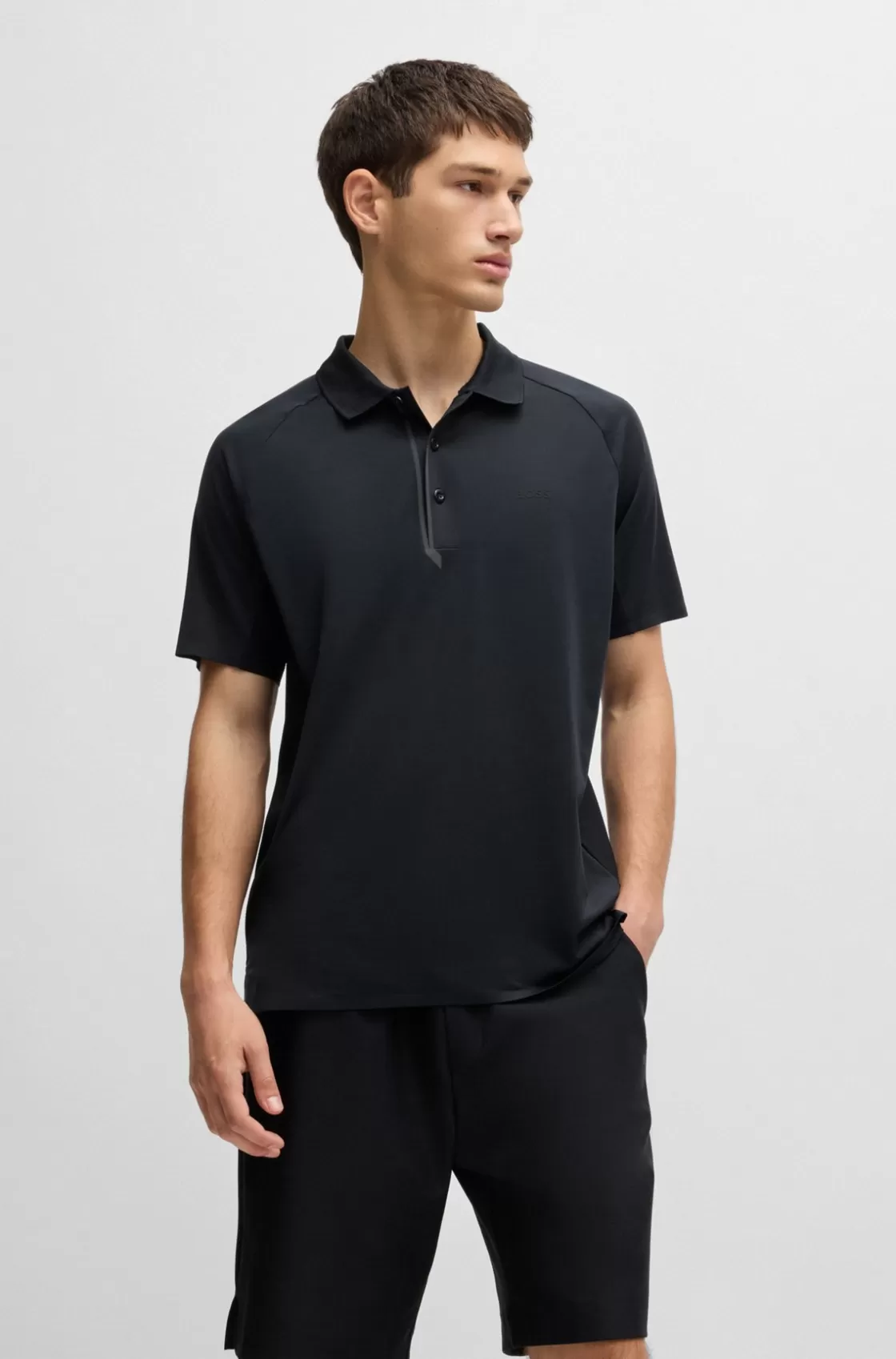 HUGO BOSS Mixed-material Polo Shirt With Decorative Reflective Logo Black Outlet