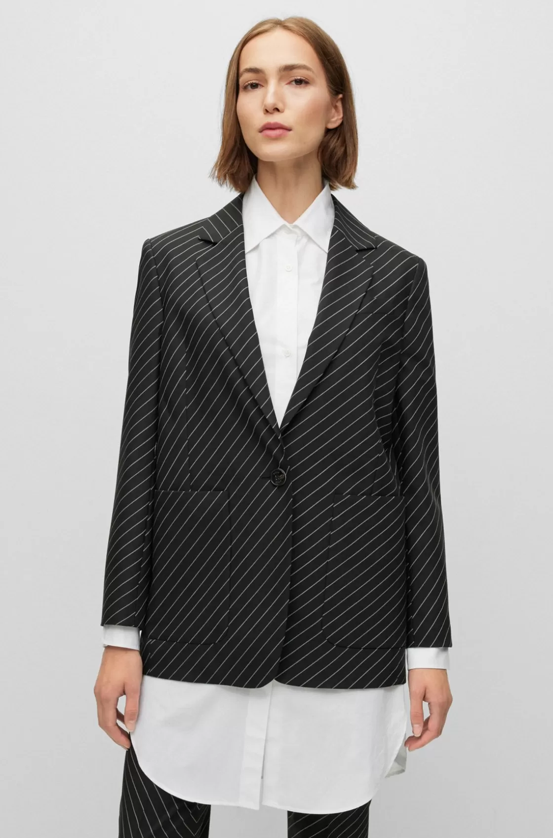 HUGO BOSS Oversize-fit Jacket In Striped Stretch Wool Black Store