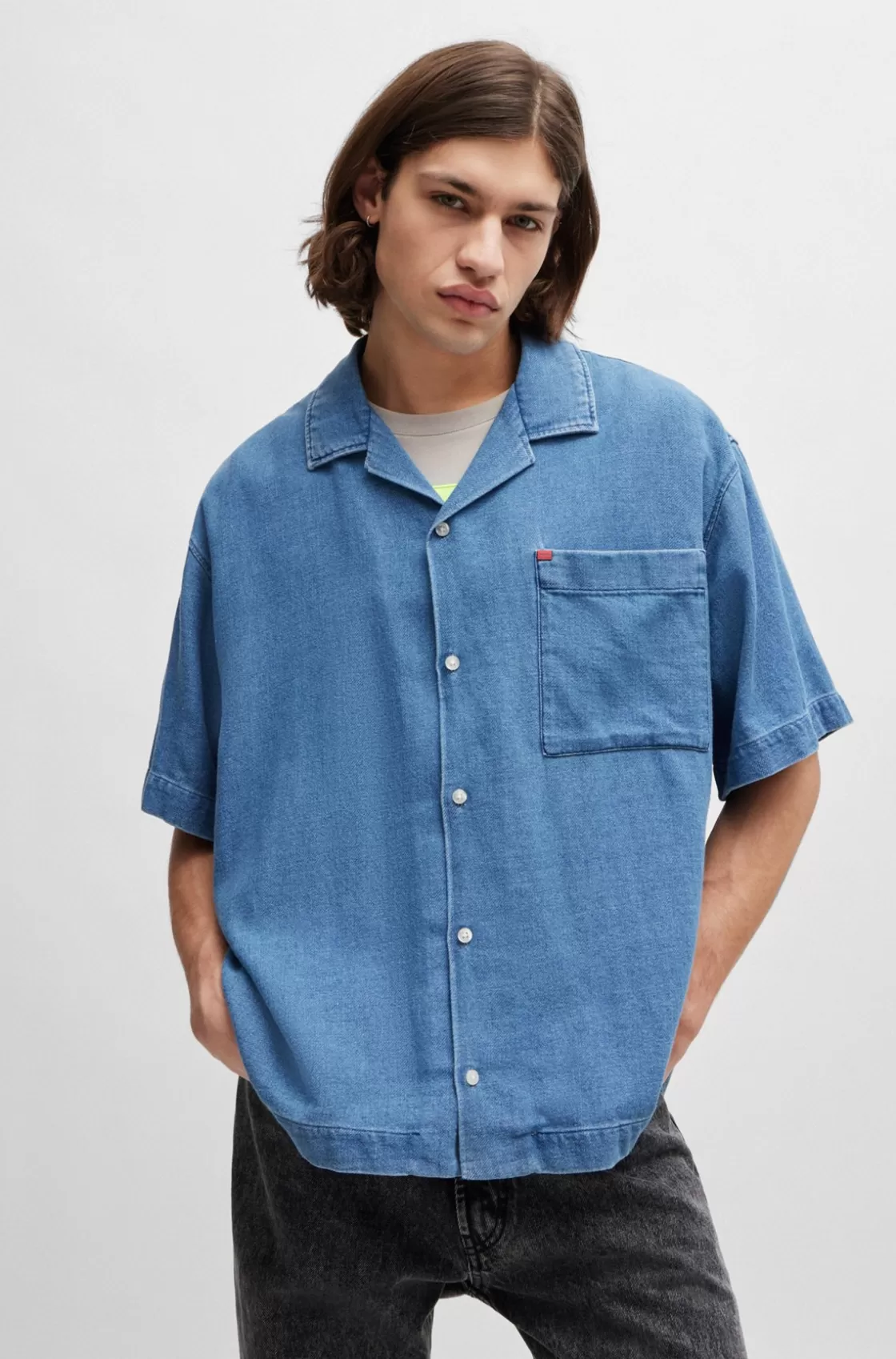 HUGO BOSS Oversize-fit Short-sleeved Shirt In Blue Cotton Denim Light Blue Outlet
