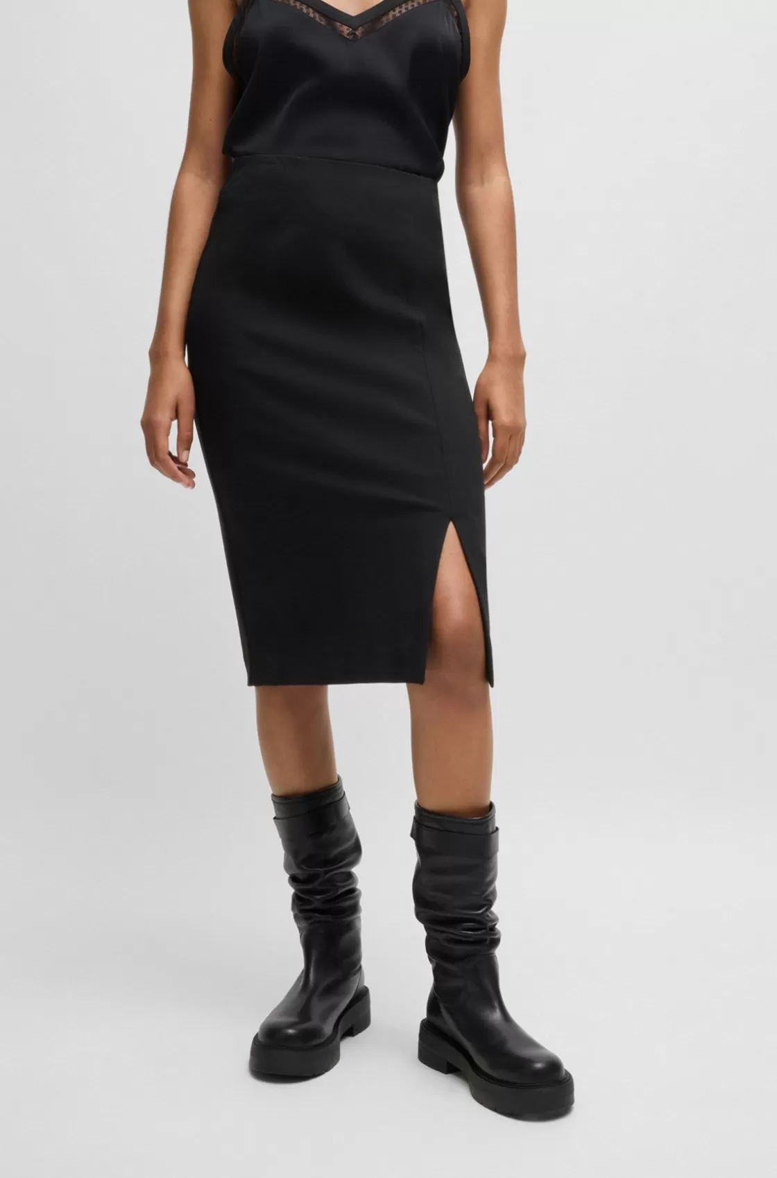 HUGO BOSS Pencil Skirt In Stretch Fabric With Front Slit Black Best Sale