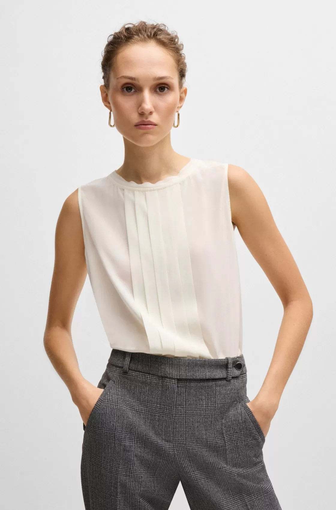 HUGO BOSS Pleat-front Sleeveless Blouse In Washed Silk White Fashion