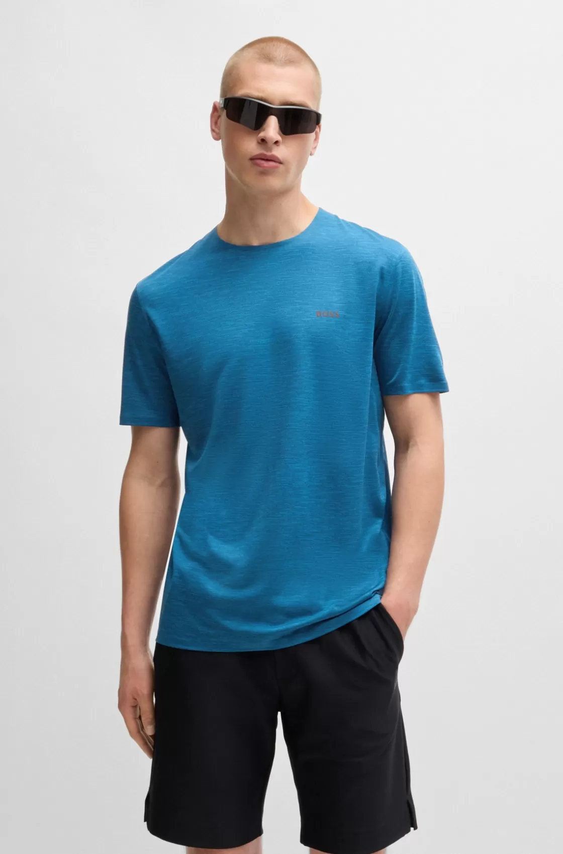 HUGO BOSS Quick-dry Stretch-jersey T-shirt With Decorative Reflective Artwork Light Blue Discount