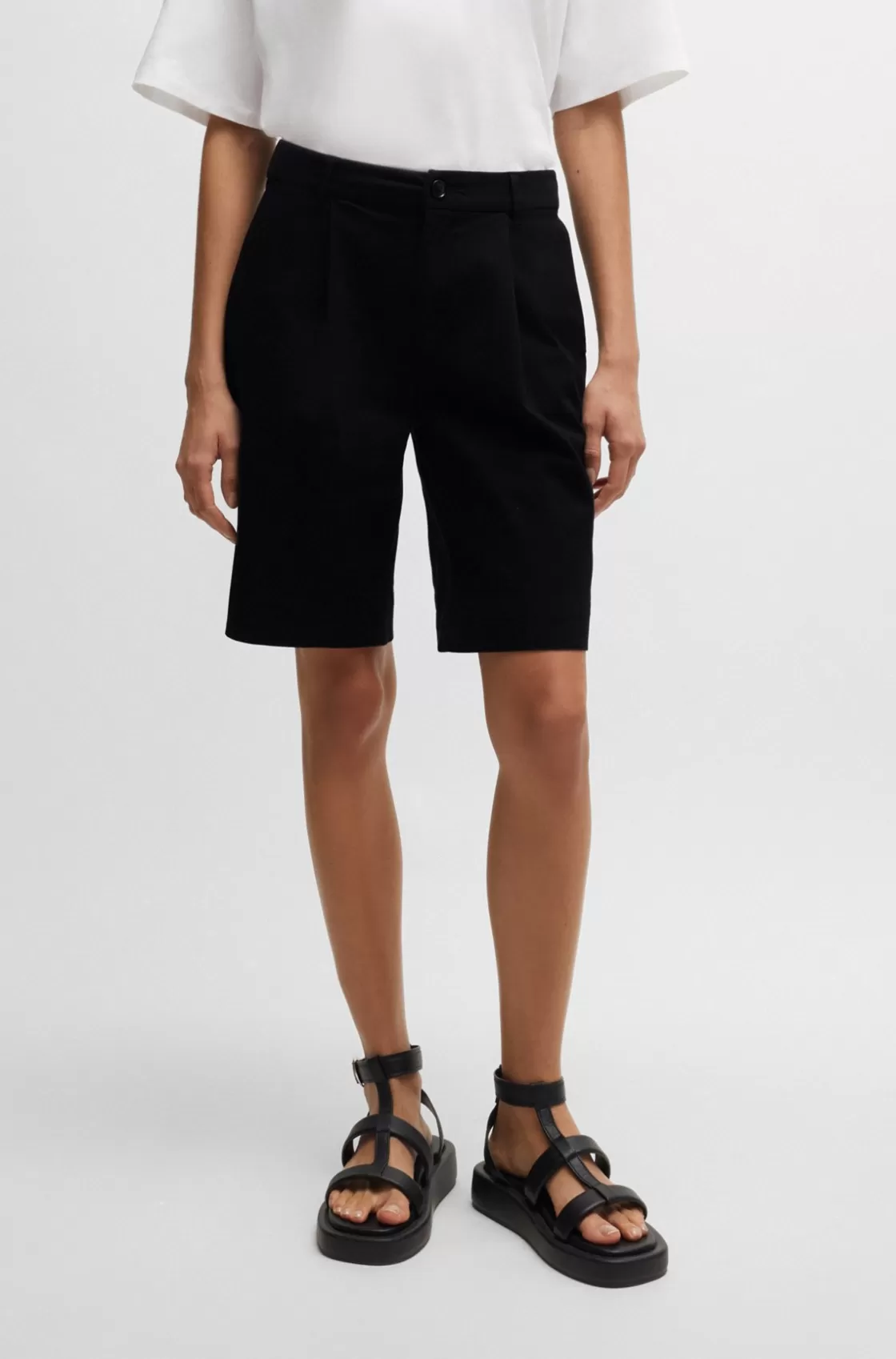 HUGO BOSS Relaxed-fit High-rise Shorts In Stretch Cotton Black New