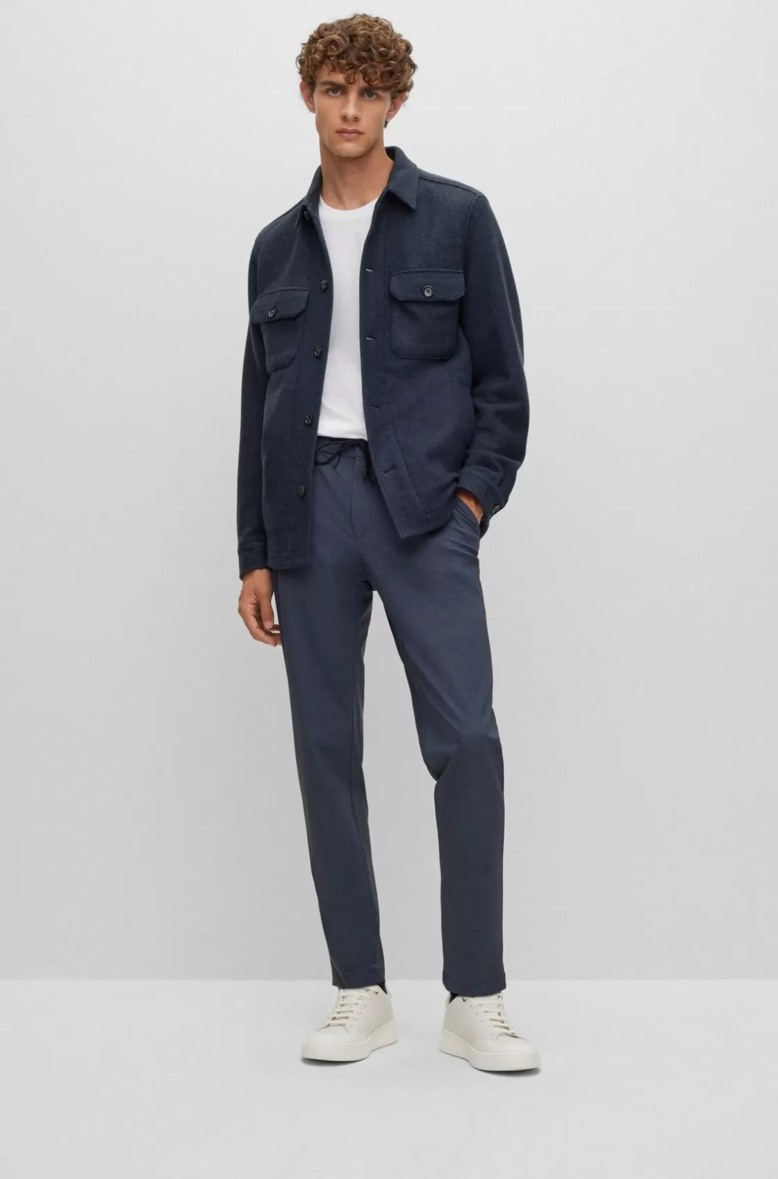 HUGO BOSS Relaxed-fit Jacket In Melange Wool-blend Jersey Dark Blue Discount