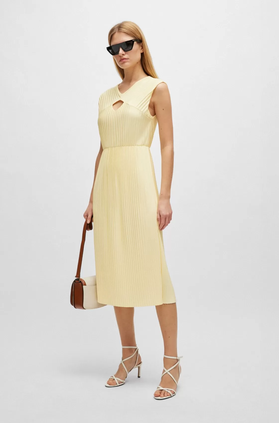 HUGO BOSS Sleeveless Dress In High-shine Plissé Fabric Light Yellow Discount