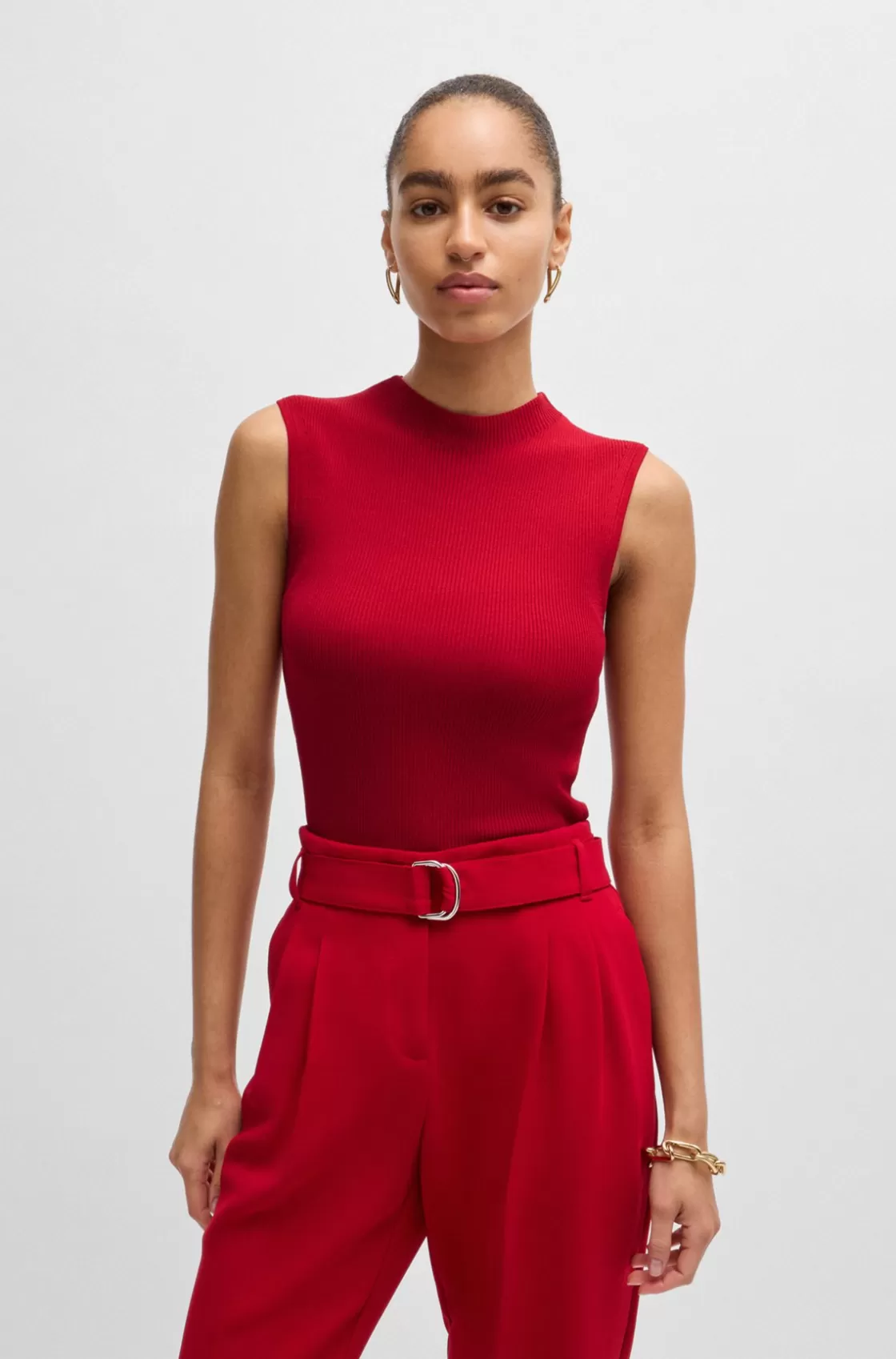 HUGO BOSS Sleeveless Mock-neck Top In Ribbed Fabric Red Fashion