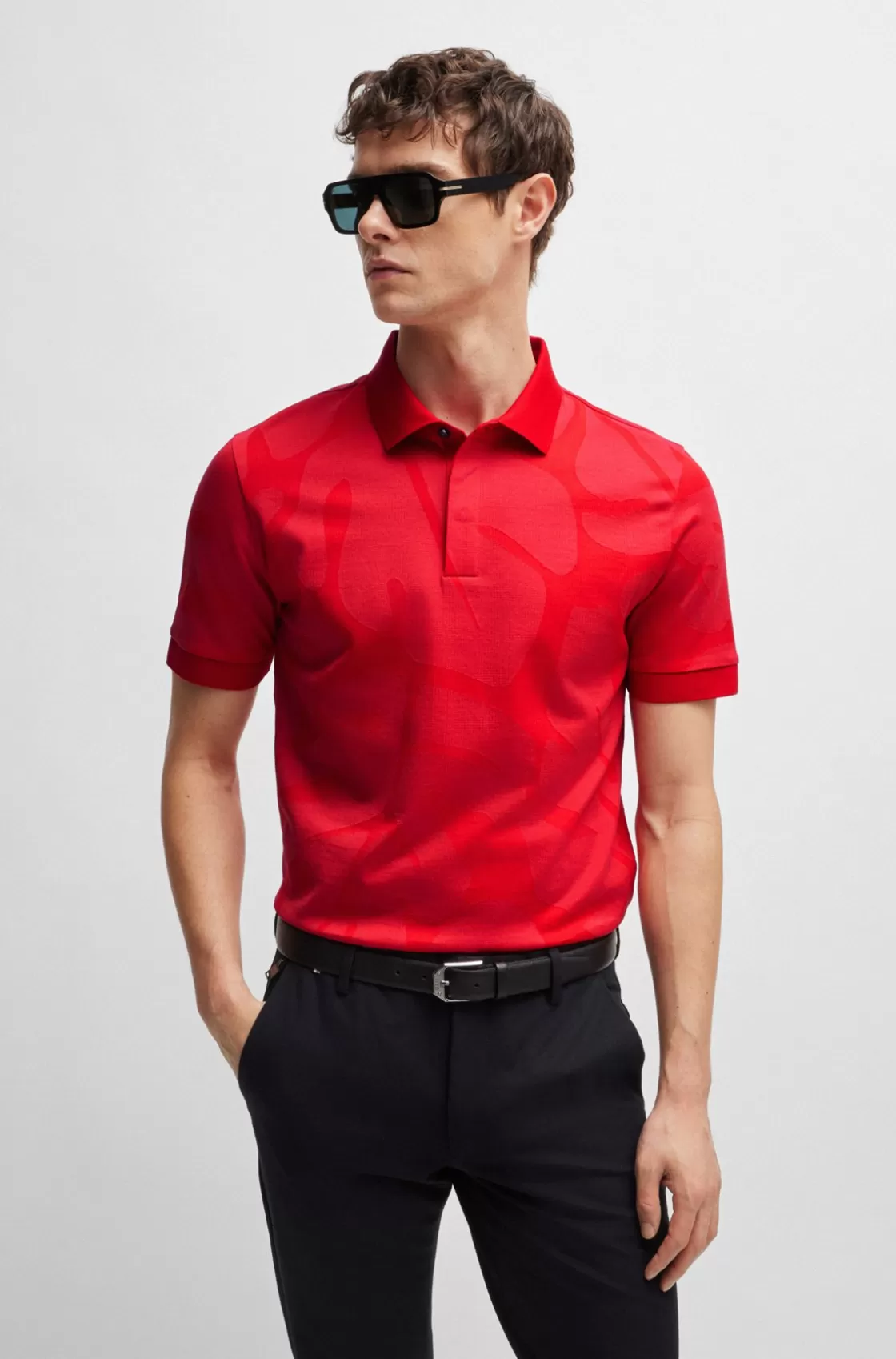 HUGO BOSS Slim-fit Polo Shirt In Monstera-leaf Cotton Red Cheap