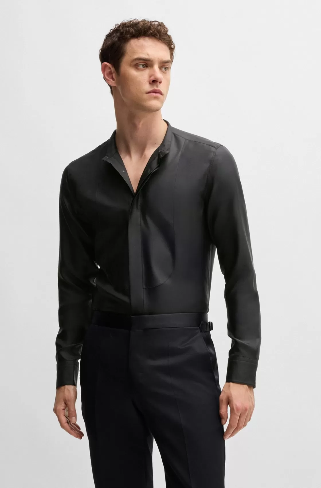 HUGO BOSS Slim-fit Shirt In Finest Italian-made Silk Black Online