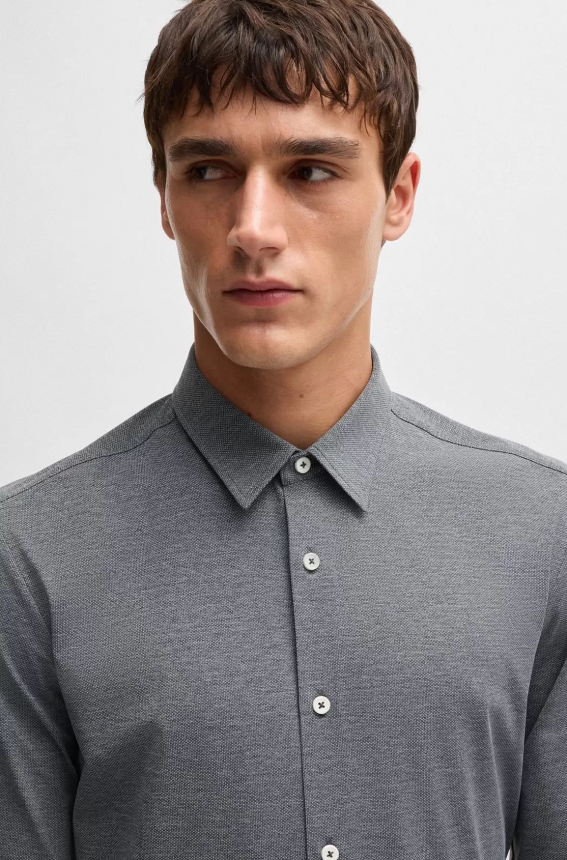 HUGO BOSS Slim-fit Shirt In Melange Performance-stretch Jersey Grey New