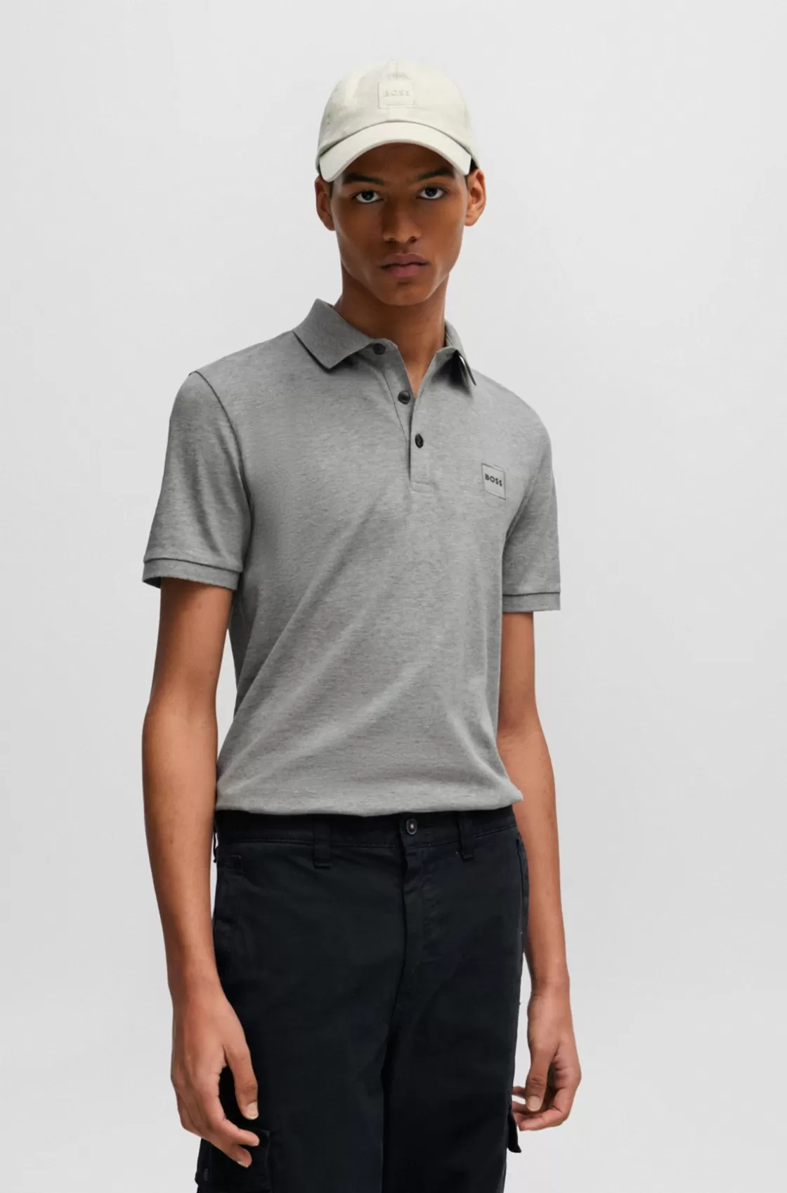 HUGO BOSS Stretch-cotton Slim-fit Polo Shirt With Logo Patch Light Grey Best