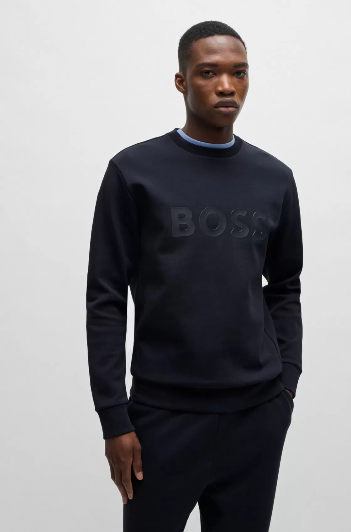 HUGO BOSS Stretch-cotton Sweatshirt With Sandwich Logo Dark Blue Shop