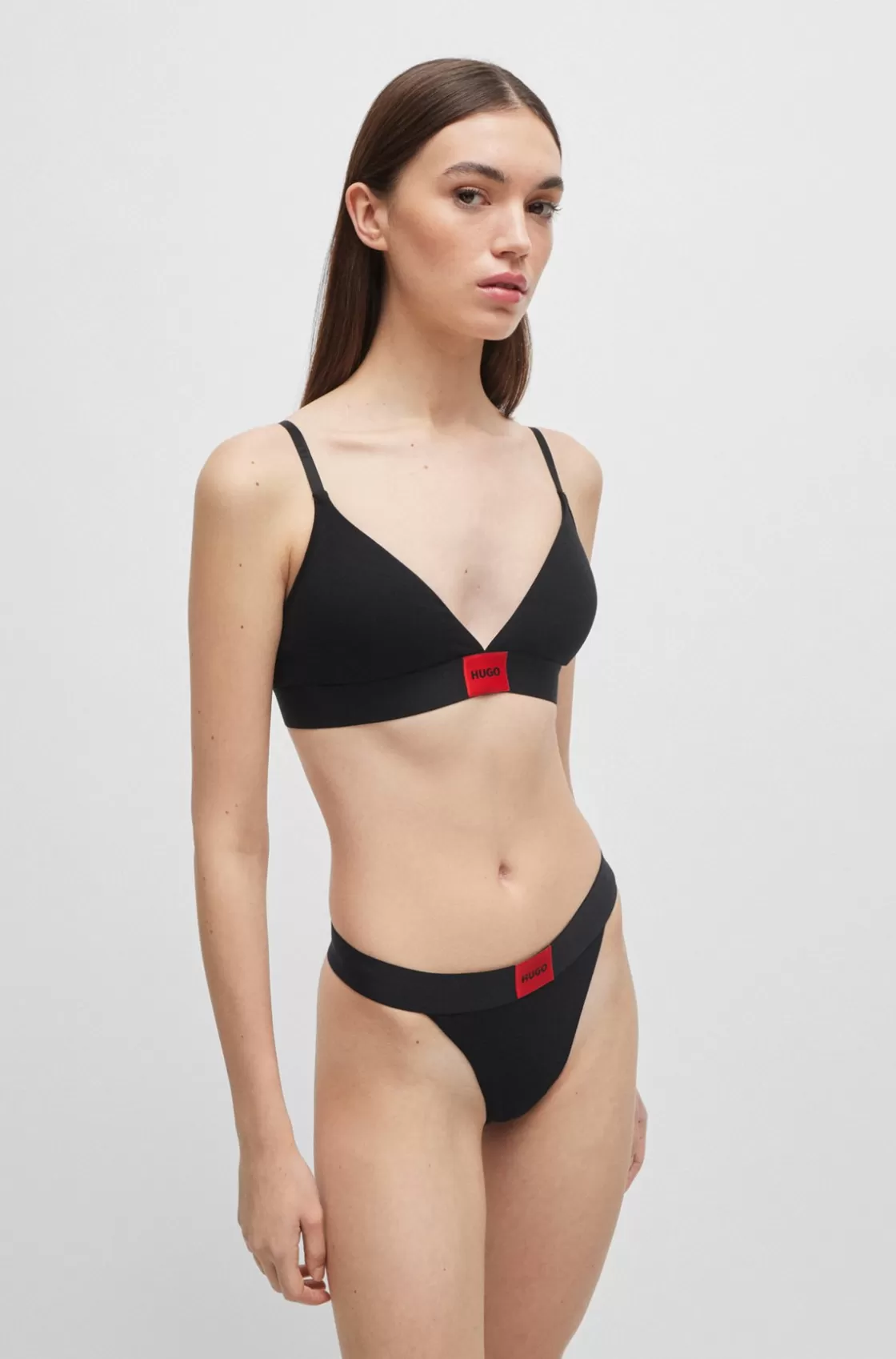 HUGO BOSS Stretch-cotton Triangle Bra With Red Logo Label Black Sale