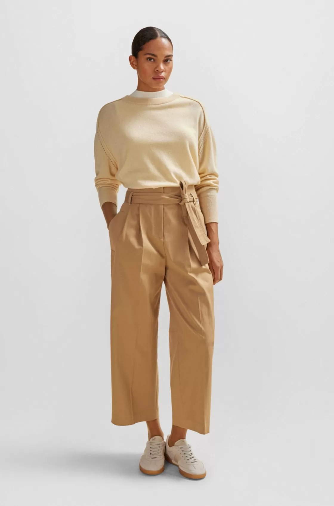 HUGO BOSS Tapered-fit Wide-leg Trousers With Fabric Belt Beige Discount