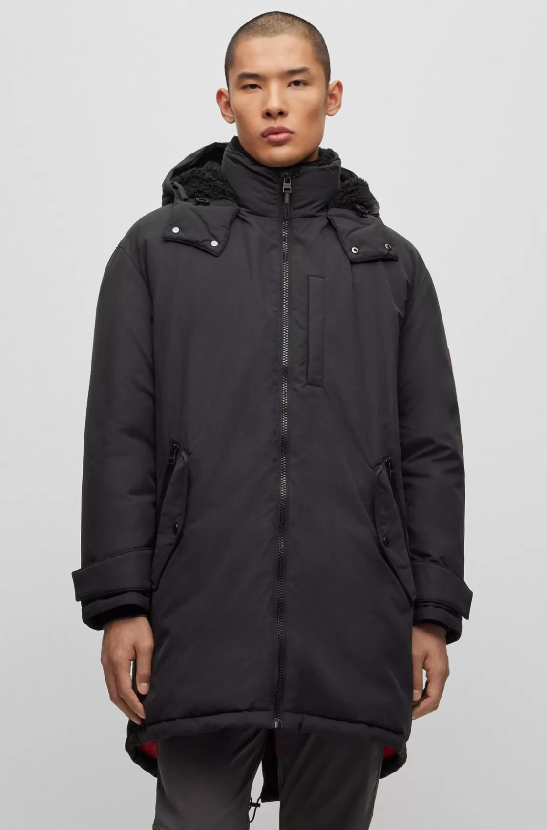 HUGO BOSS Water-repellent Fishtail Parka Jacket With Logo Badge Black Online